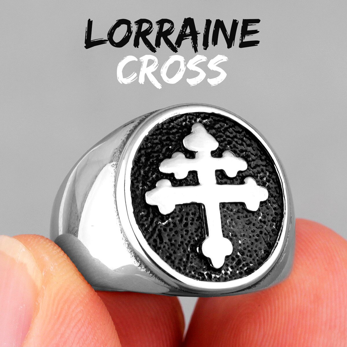 Catholic Lorraine Cross Joan of Arc Stainless Steel Mens Rings Amulet For Male Boyfriend Biker Jewelry Creativity: 9 / R562-Silver-Black