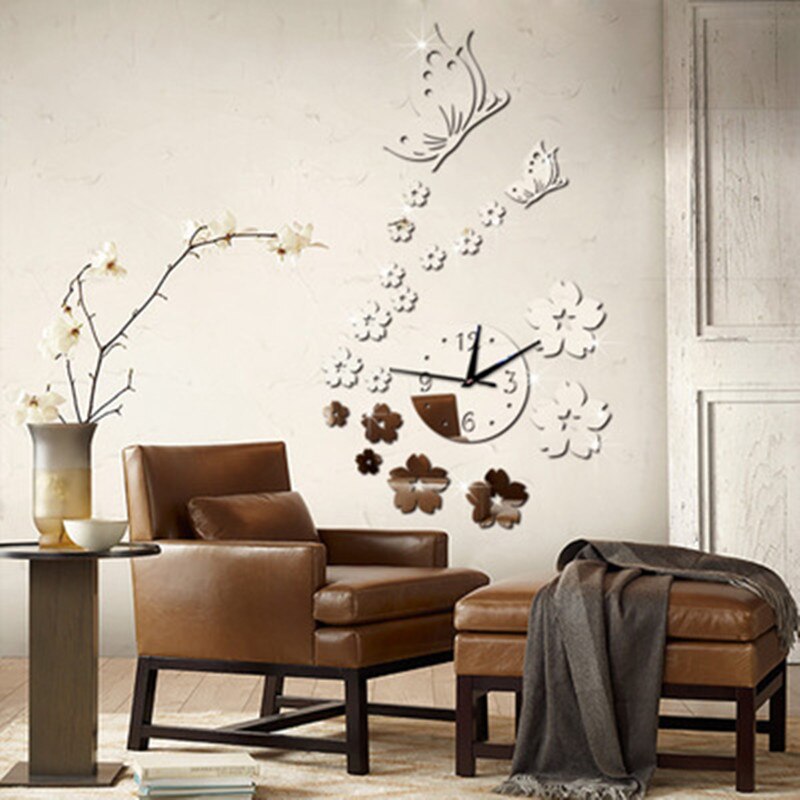 Papillon amour fleur acrylique miroir horloge murale étude chambre salon miroir mural horloge murale décor à la maison pas de batterie