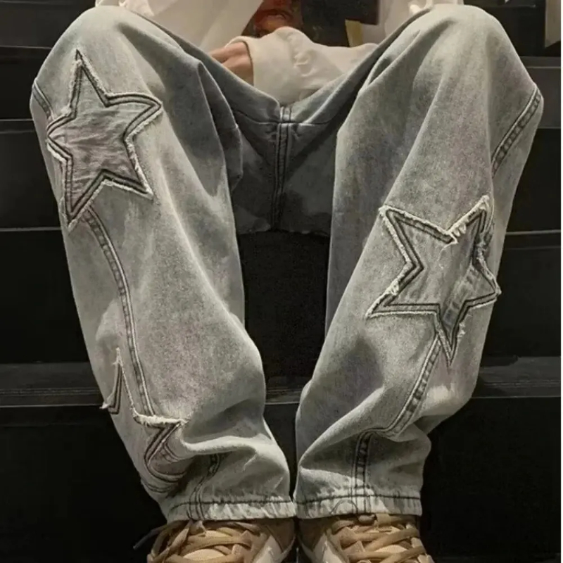 Y2k- stjernet broderi baggy casual jeans til mænd gotisk neutral brede ben lige bukser hiphop ungdom street denimbukser