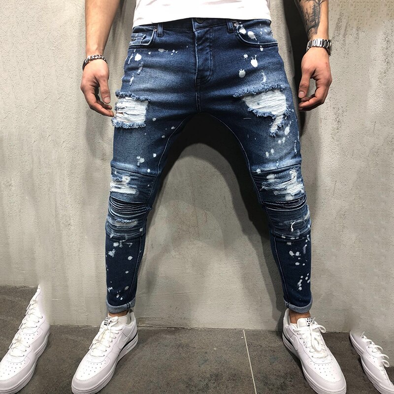 Stretch Slim Fit Pleated Spray Paint Pants Men's Jeans European and American Ripped Men's Jeans