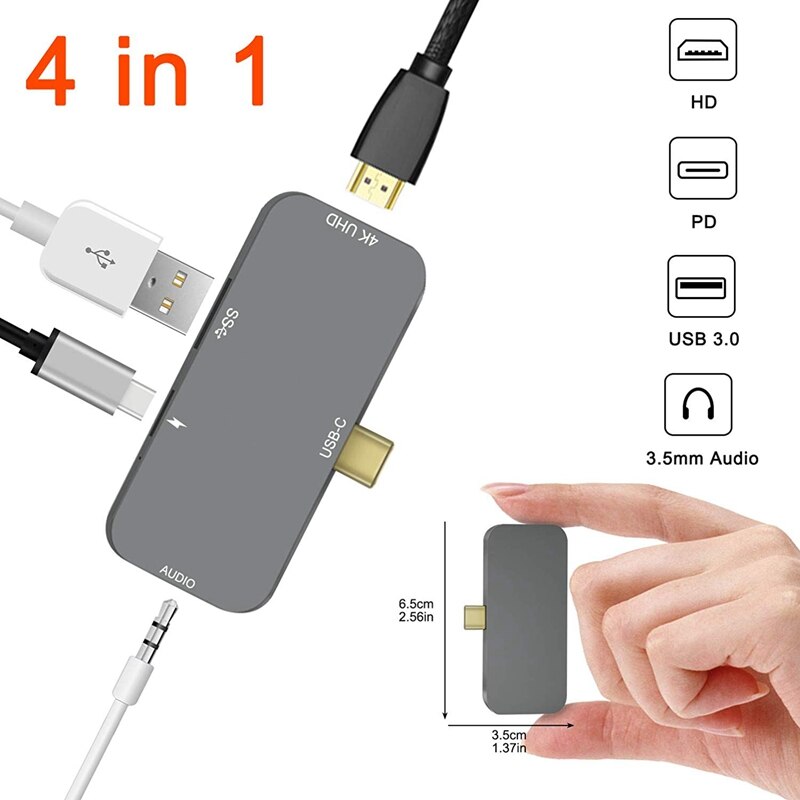 Mini USB Hub for IPad Pro - 4 in 1 USB C Hub with PD Charging,3.5mm Headphone Jack, 4K HDMI, USB 3.0 for Pro /2