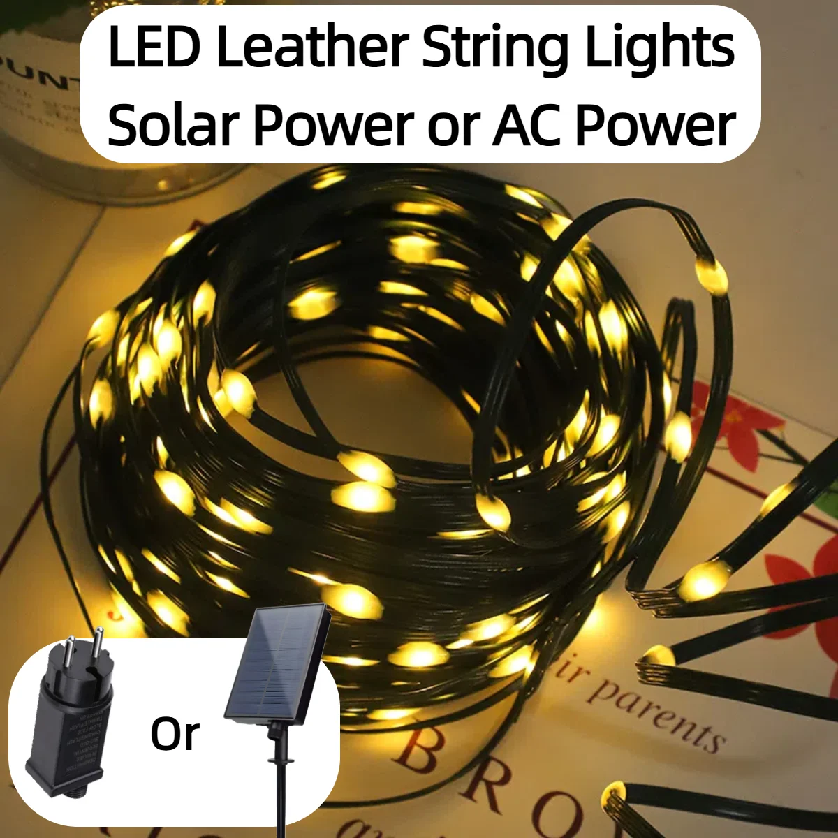 8 standen voor led-lichtsnoeren van leer voor buiten: sprankelende verlichting met een 1200 mah-batterij, zonnepaneel of netstroom, ideaal voor kerstfeestdecoratie.