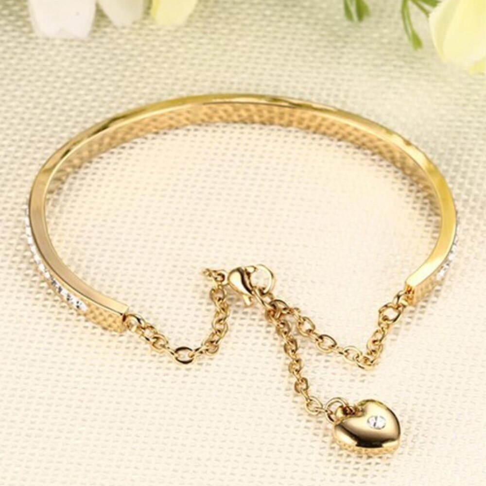 NIBA Gold-Color Cuff Bangle For Women One Row Crystal Stainless Steel Bracelet Bangle Jewelry Adjustable Chain