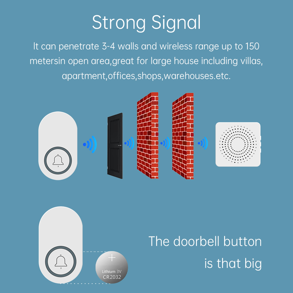 Wireless Doorbell Long-Distance 150M | 38 Melody | Safety Alarm CR2032 Battery Powered
