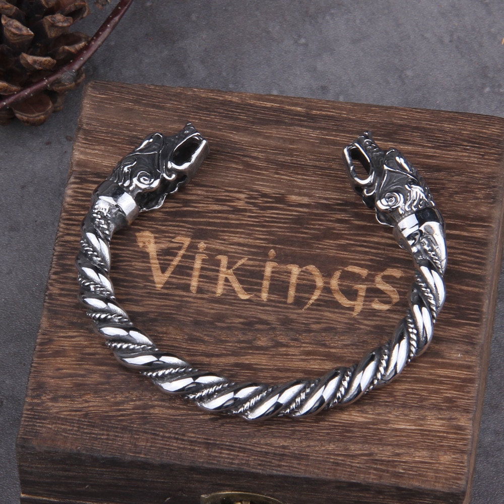 Rvs Nordic Viking Norse Draak Armband Verstelbare Mannen Polsband Manchet Armbanden Met Viking Houten Doos