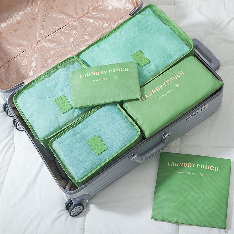 Nylon Packing Cubes Travel Bag System Durable 6 Pieces/ Set Large Capacity Of Unisex Clothing Sorting Organize Travel Bags: Green