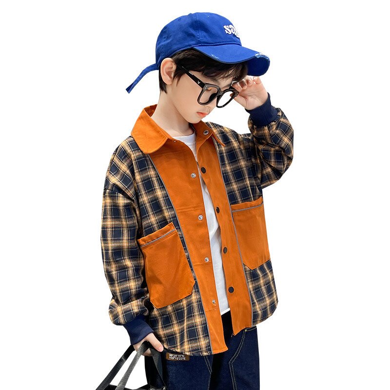 Camisa de manga larga para niños, ropa informal naranja para adolescentes, camisas a cuadros para escuela, Primavera, nueva , blusa para niños, prendas de vestir exteriores