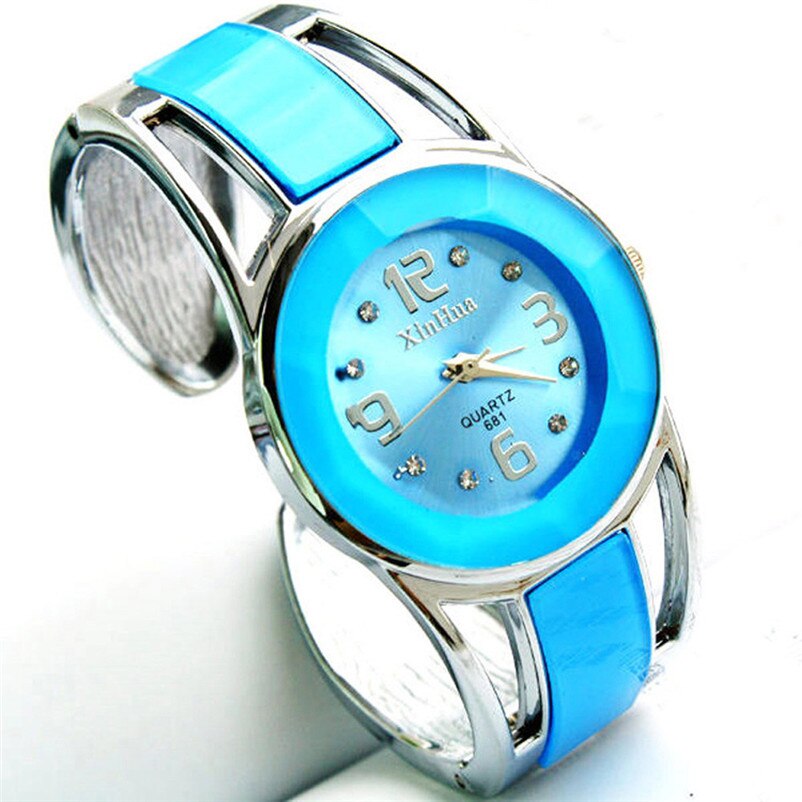 Mærke kvinders legeringsbånd kvarts analogt rundt armbåndsur kvindelige damer armbåndsure bayan kol saati: Himmelblå