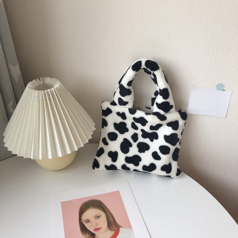 Teste padrão da vaca bolsas de ombro das mulheres moda macio pelúcia senhoras pequenas bolsas do vintage feminino viagem ocasional tote meninas zíper bolsa: handbag