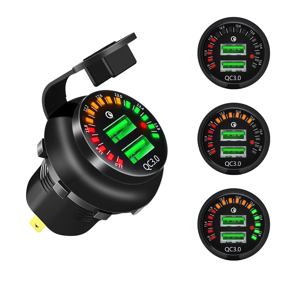 Adapter mit voltmeter, zwei usb-anschlüssen, schwarz, mehrfachschutz, schnellladefunktion für fahrzeug, mobiltelefon, boot, smartphones, tablets und autoladegerät