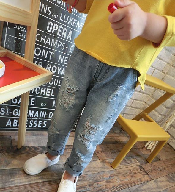 Pantalones vaqueros rasgados de color sólido para niñas, pantalón de pierna recta, ropa para niños, novedad, otoño