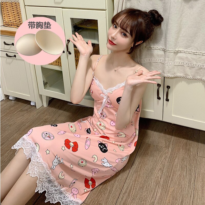 Sling Rok + Bh Nachtjapon Vrouwelijke Zomer Kant Sexy Nachtjapon Vrouwen Nachtkleding Koreaanse Homewear Nachtkleding Slaap Tops Cartoon