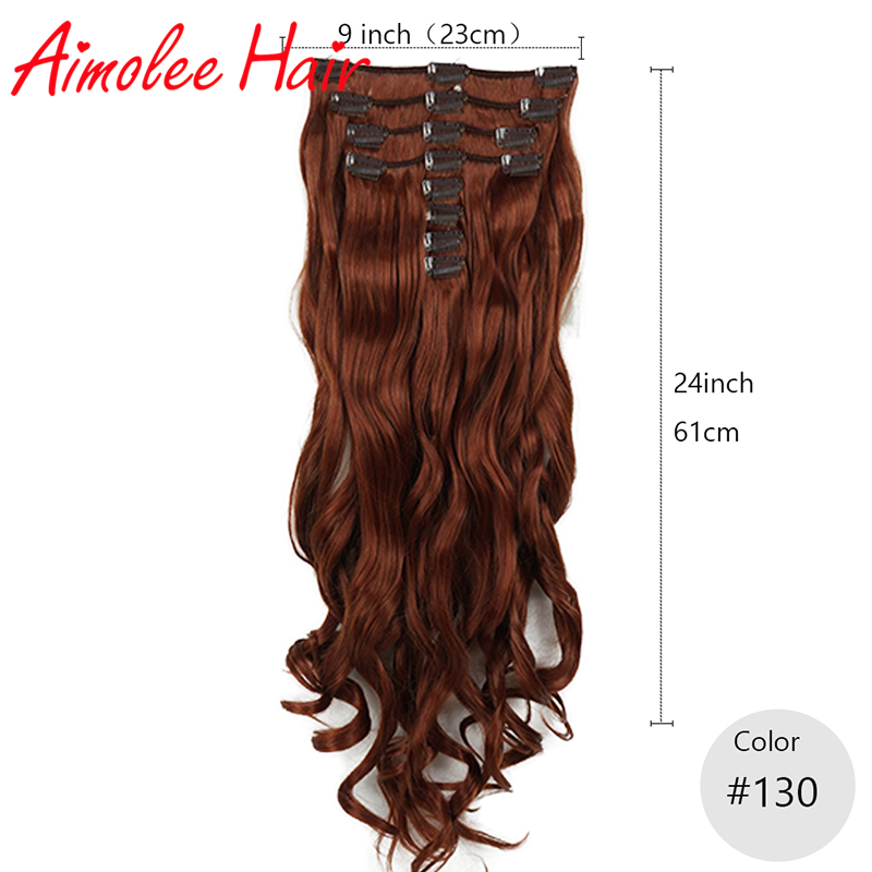 Extensiones de cabello de 24 pulgadas, 8 unidades por juego, pelo sintético largo ondulado Natural de cobre rojo Auburn, 16 clips de fibra de alta temperatura