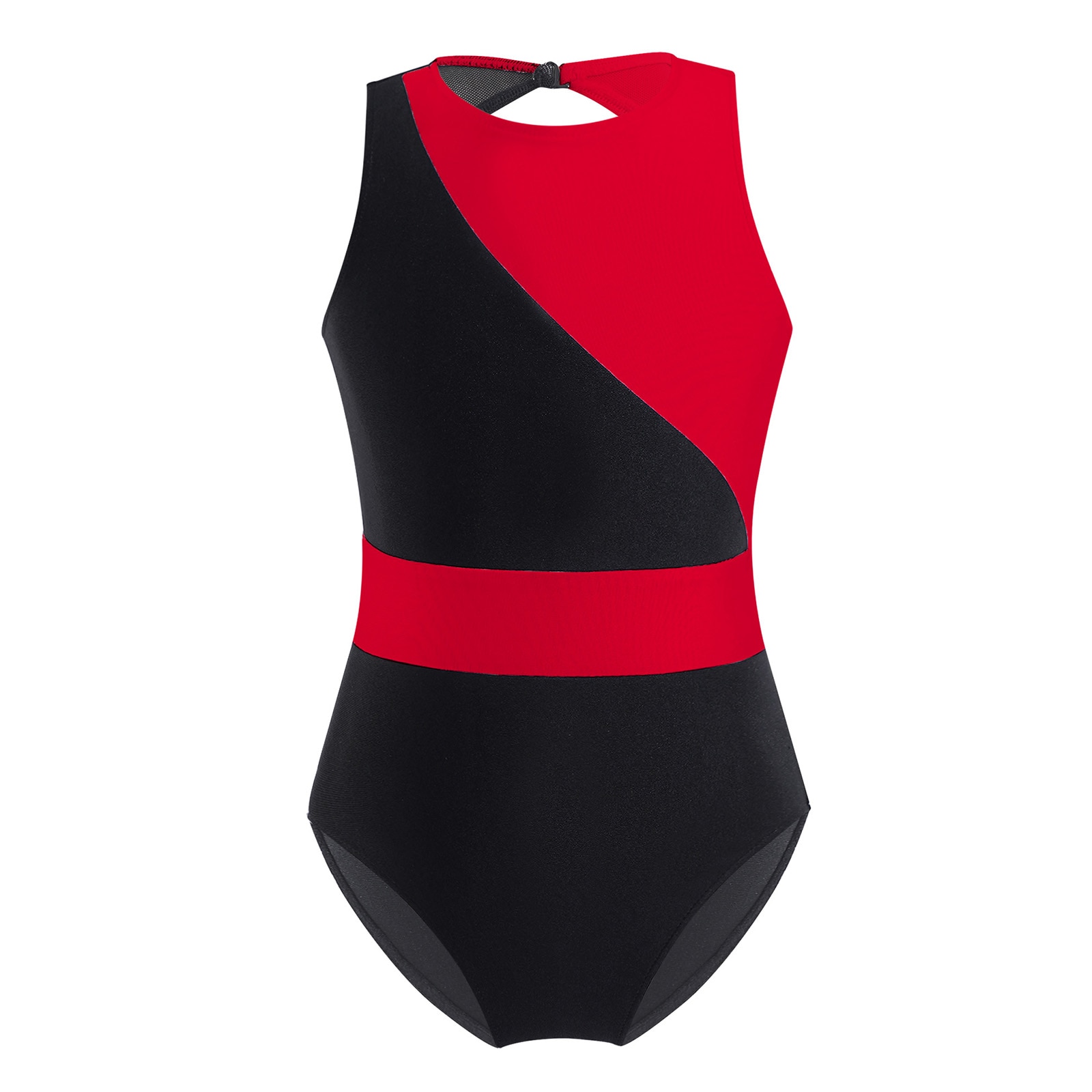 Kids Girls Teen Gymnastics Leotard Dancewear Sleeveless Patchwork Ballerina Clothing Ballet Class Dance Jumsuit Workout Bodysuit: Red Black / 4