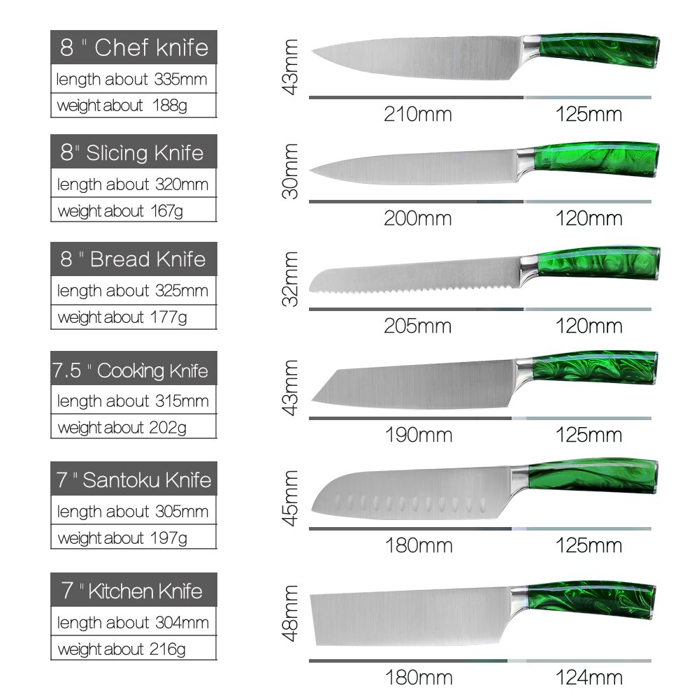 XYj-Juego de cuchillos de cocina de acero inoxidable, juego de cuchillos con Mango Verde de 8 pulgadas, Santoku, cortador de pan de Chef, rebanador chino 3CR13