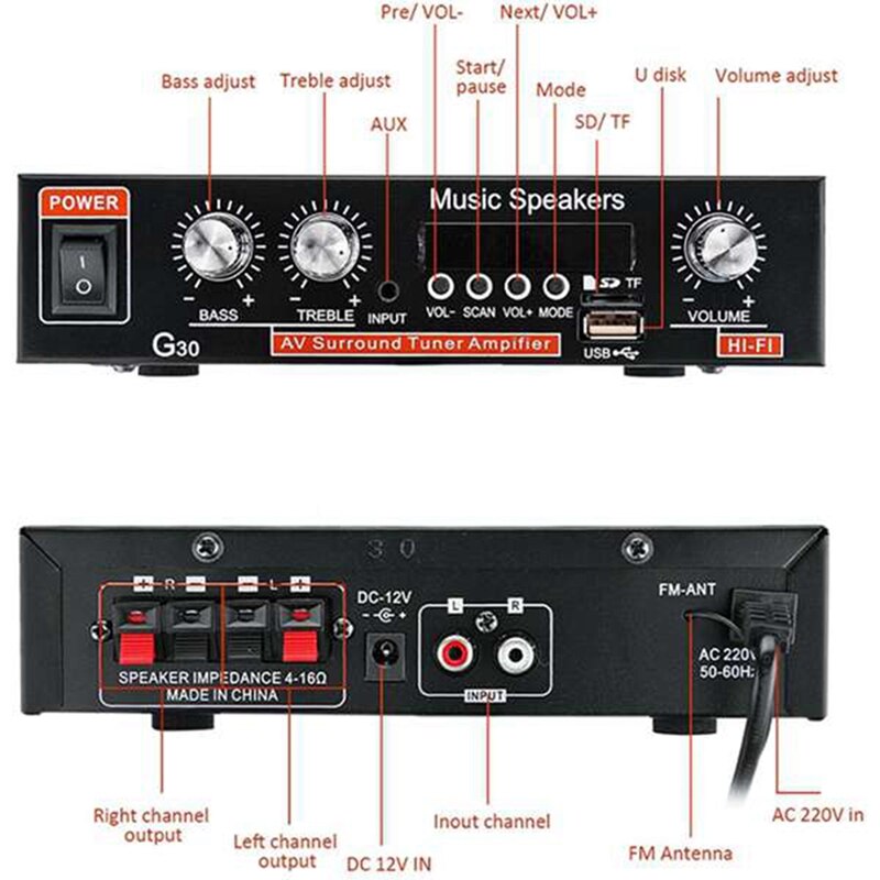 G30 Audio Amplifier Digital Home Power Bluetooth Hifi Stereo Subwoofer Music Player with Remote Control EU Plug