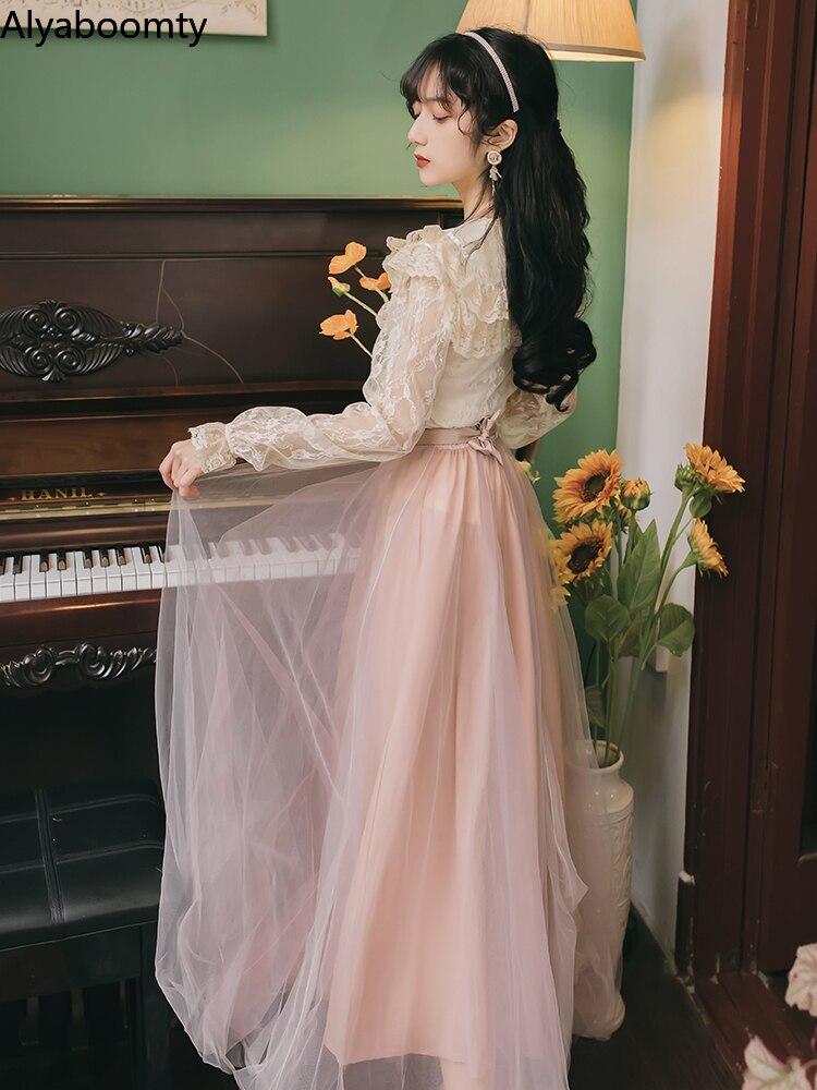 2022 Mori Girl Spring Autumn Women 2 Pcs Set Turn-Down Collar Sweet Lace Top+Pink Mesh Long Skirt Feminine Party Suit