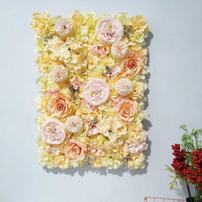Kunstige blomster væg blomster række panel bryllup forsyninger rose pæon hortensia silke blomster bryllup baggrund dekoration: Lysegul