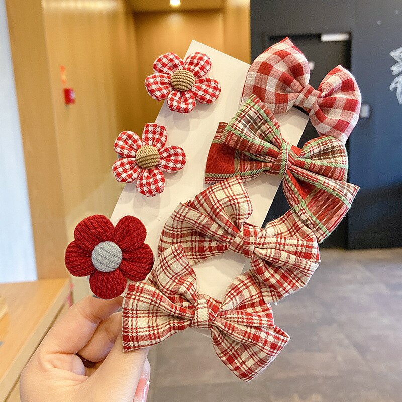 6/7 Pcs Baby Haar Clips Bloem Bogen Kids Haarspelden Voor Meisjes Plaid Gedrukt Kinderen Haarspeldjes Baby Meisje Haar Accessoires: 7pcs red stripe