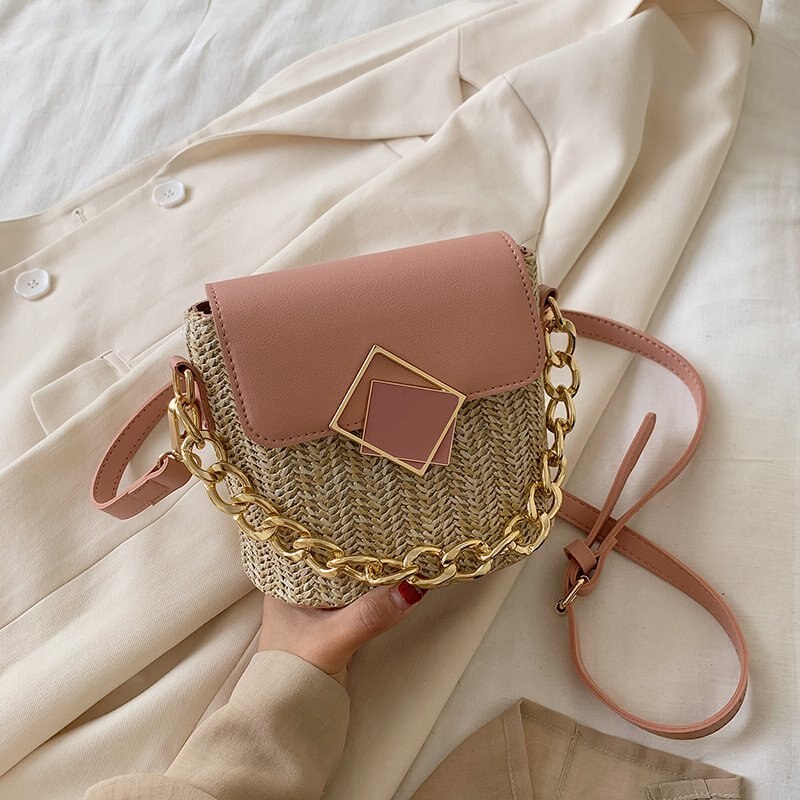 Kleine rieten emmertassen voor dames, zomerse crossbodytassen, reistassen en handtassen voor dames, schoudertassen voor dames: Roze