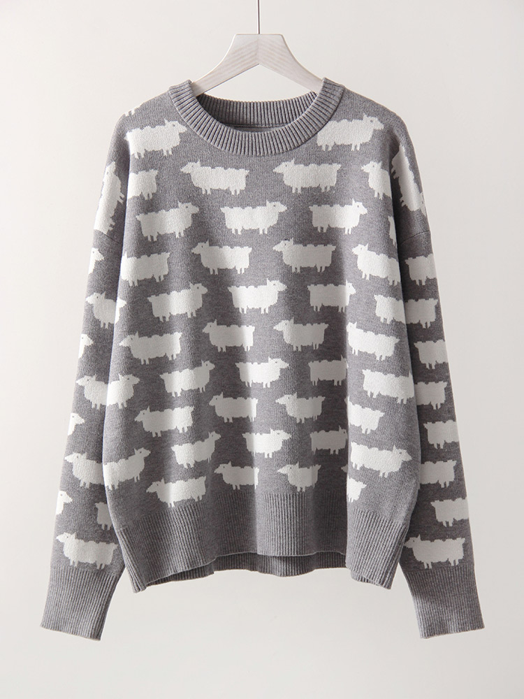 Høstlig søt posete genser med trykk til dame varm o-hals overdimensjonert gensere strikkede røde løse gensere dame grønn genser: Grå