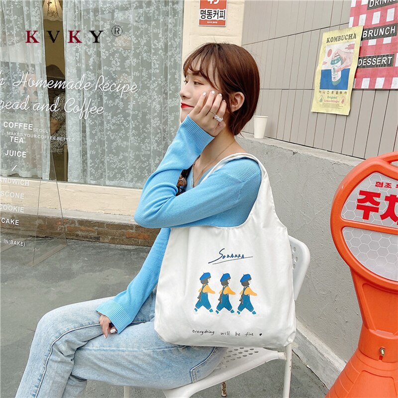 Original Illustration Korean Cartoon Printed White Canvas Bag Student Personality Handbag Shoulder Bag Green Bags