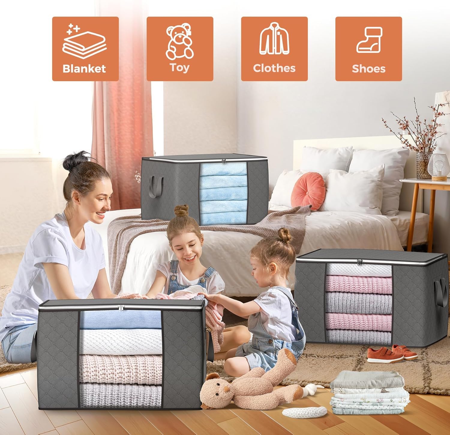 Contenedores de almacenamiento debajo de la cama de 90L, organizadores de armario plegables, bolsas móviles con ventana transparente y asas reforzadas para ropa de cama