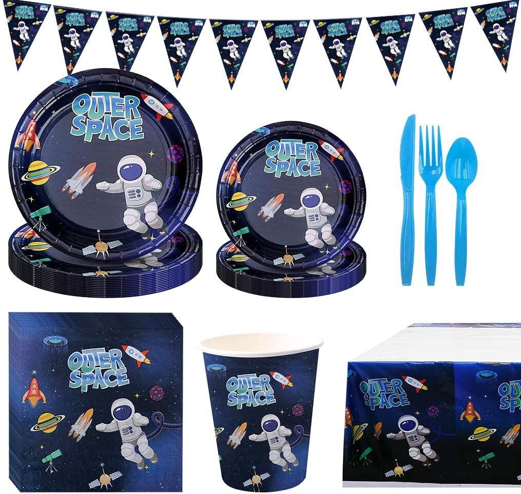Outer Space Astronaut theme Party Tablecloth Happy Birthday Party Decor for Boys 1st Paper Tray Set Disposable Party Supplies