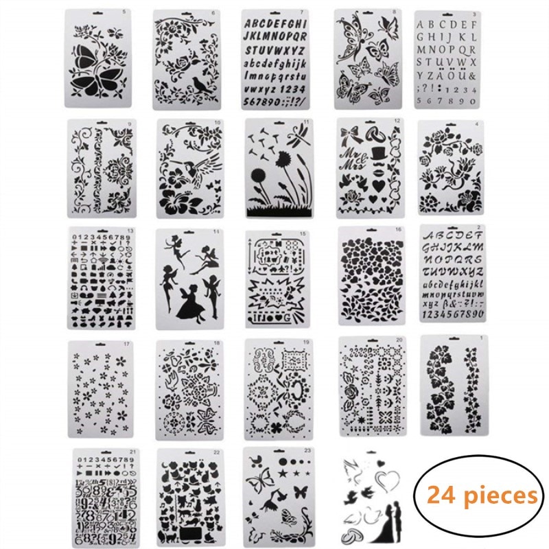24PCS Drawing Painting Stencils Scale Template Sets 10X7 inch, Plastic Shapes Scrapbook Stencils Graphics Stencils for Children