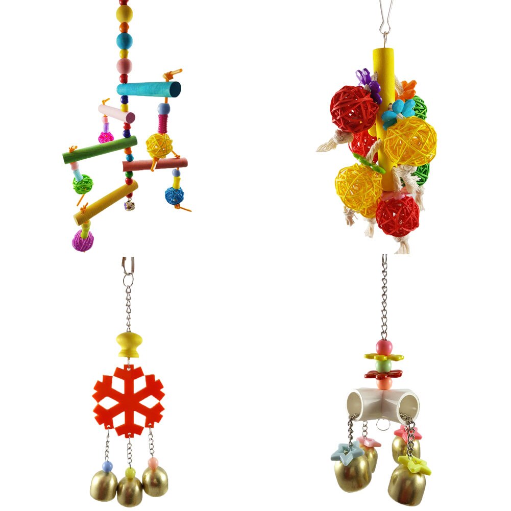 Birds Parrot Toys Chew Bite Hanging Cage Balls Toys Rattan Ball Wood Ladder Bells Parrot Bite Climbing Toy Pet Bird Cage Decor
