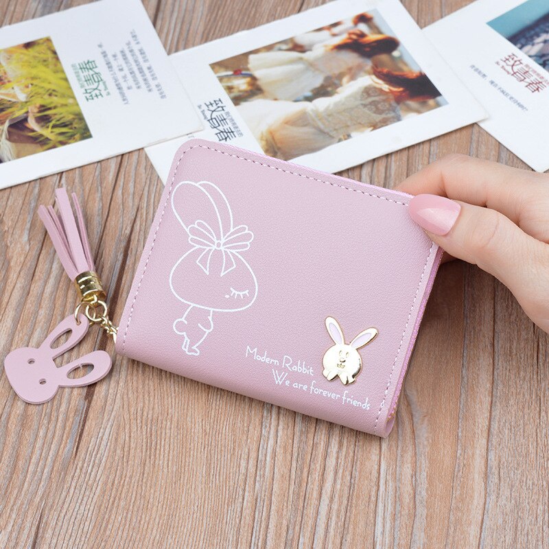 Tegnebog kvinders korte lynlås tegnebog studerende koreansk stil sød kanin mini nøglepung kvinder afslappet kvast små tegnebøger: Lyserød