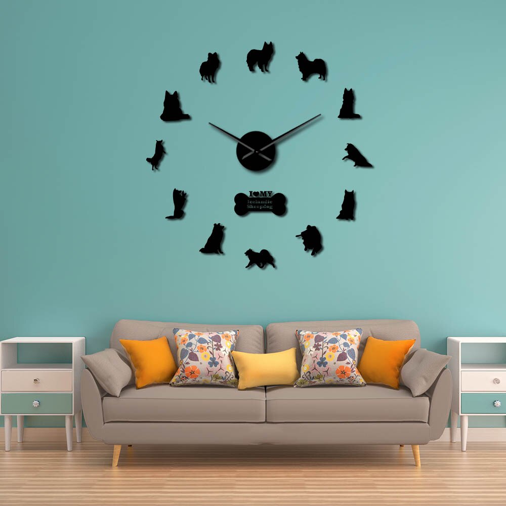 Grande horloge murale 3D suspendue en acrylique, grand décor scandinave de mouton, Surface de miroir, bricolage, Portrait de chiot pour amoureux des chiens, muet
