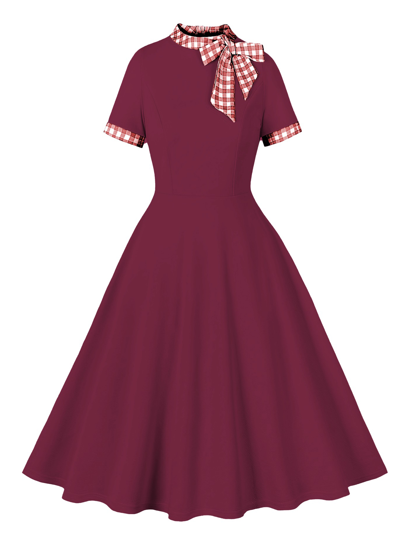 Tonval Contrast Plaid Tie Neck 1950s Dresses Birthday Women Gorgeous Clothes Summer A-Line Flare Dress: M / Fuchsia