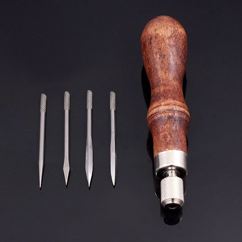 LZOWUUL 4 Pièces Poinçon à Coudre Avec Manche En Bois - Alène Couture Cuir Outil Perforation Bricolage
