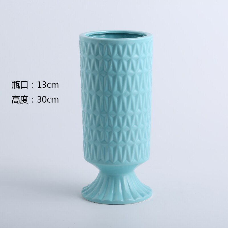 European-style Simple White Striped Vase Ornaments Ceramic Flower Arrangement Water Vase Living Room Decoration Accessories: B-Blue