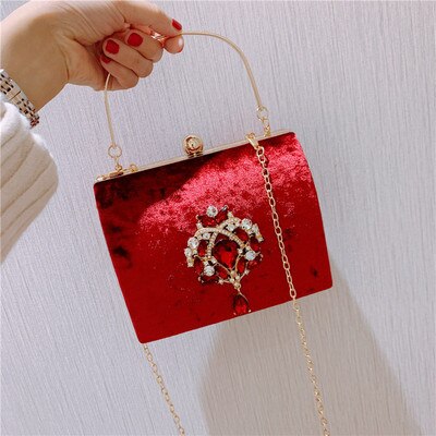 Luxury Boxed Evening Bag Velvet Retro Square Handbag Female Diamond Clutch Bag Gold Wedding Party Purse: red