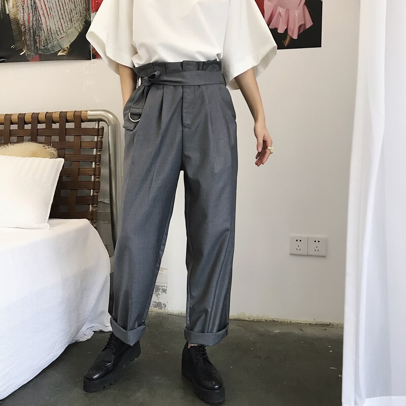 Herr retro hög midja byxa kostym japan stil rak man kvinnor vida byxor