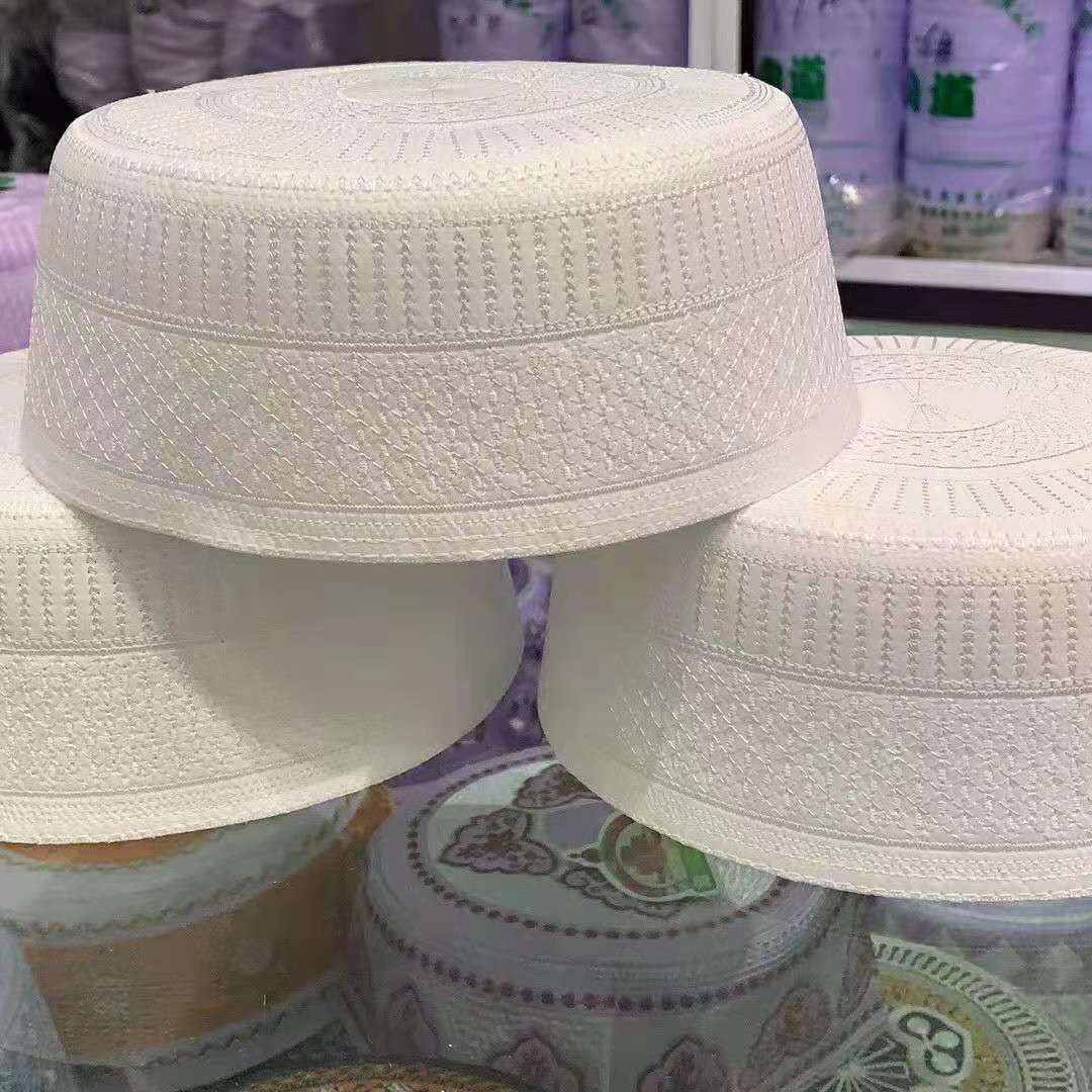 Chapeau pour hommes et femmes, Turban à dessus plat, arabie saoudite, casquette musulmane, prière Islam égyptien, Kufi Topi imprimé, broderie d&#39;été et d&#39;hiver: 037001 white / 60cm