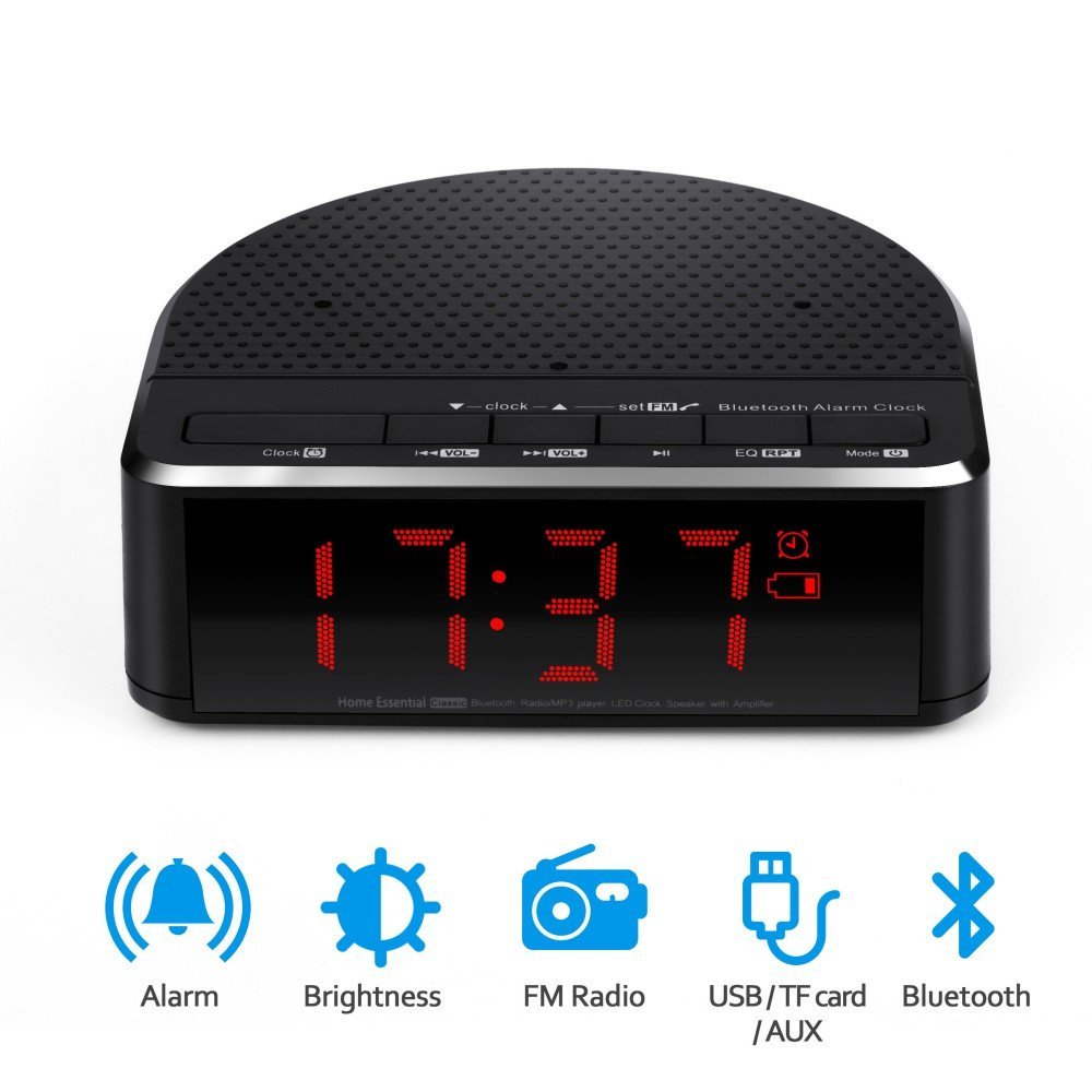 Radio réveil numérique avec haut-parleur Bluetooth, affichage chiffre rouge avec 2 gradateurs, radio FM, Port USB chevet réveil led.