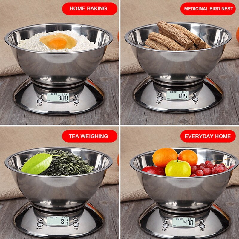 Food Scale Stainless Steel Digital Kitchen Weight with Removable Bowl Temperature Sensor for Cooking and Baking 5KG/1G
