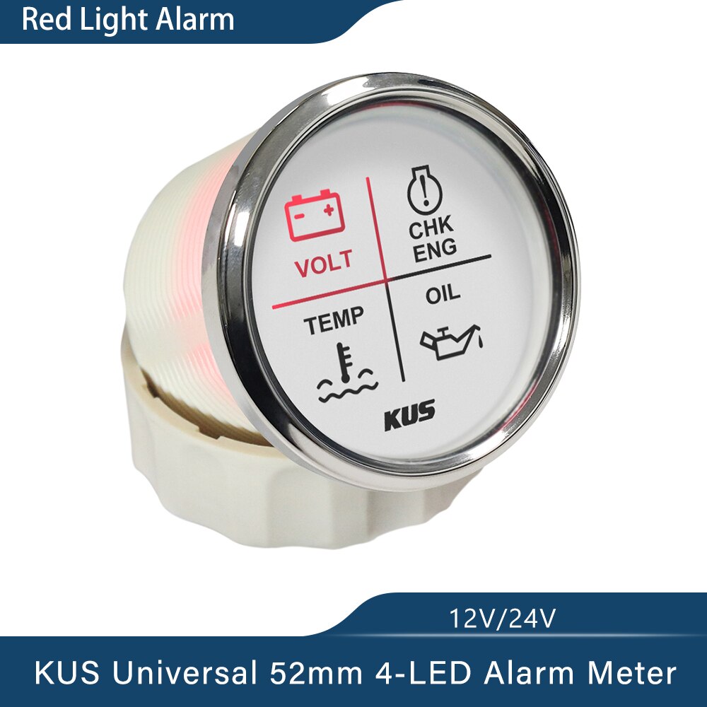 Neue KUS 52mm Alarm Gauge Meter 9 ~ 32V Volt/Öl/Wasser Temp/Check Engine 4 LED Alarm Anzeige Gauge fit Auto Boot Mit Hintergrundbeleuchtung