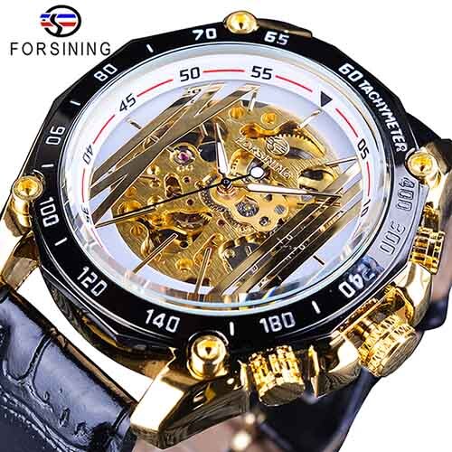 Forsining Grote Wijzerplaat Steampunk Luxe Golden Gear Beweging Mannen Creatieve Opengewerkte Horloges Automatische Mechanische Horloges: GMT1074-3