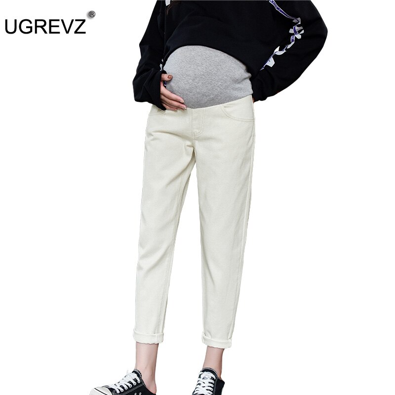 Efterår mave lange hvide denim bukser bukser graviditetsbukser til gravide jeans plus størrelse barsel tøj m  xl 3xl