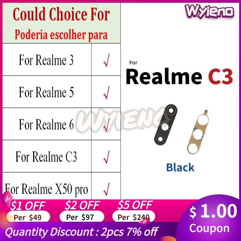 Wyieno preto novo voltar grande câmera traseira lente de vidro para oppo realme 3 5 6 c3 x50 pro lente da câmera