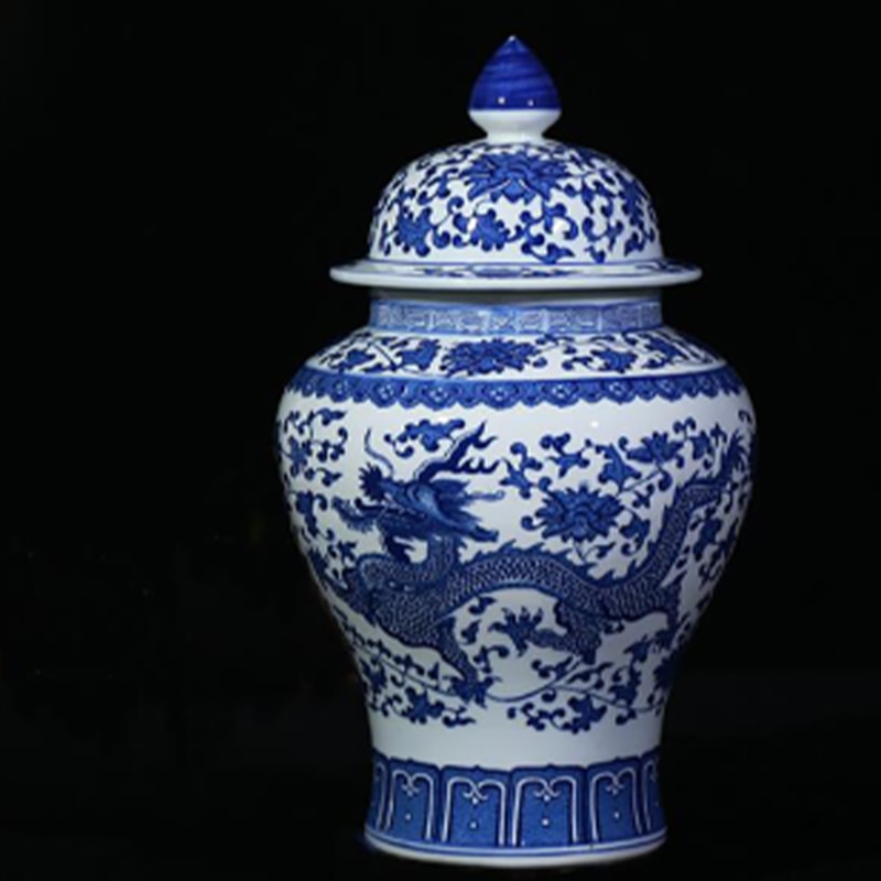 1 x Jingdezhen Classic Blue and White Porcelain Dragon Temple Ceramic Ginger Jar Vase China Ming Style Height 15"(38cm)