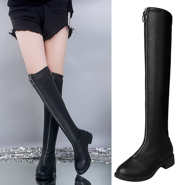 Botas por encima de la rodilla para mujer, invierno, estiramiento fino, parte inferior plana, bota ajustada para mujer con cremallera frontal, además de zapatos de terciopelo para mujer