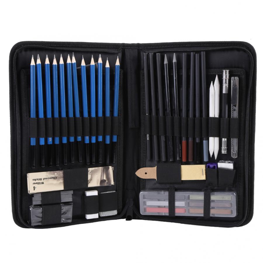 48PCS/Set Sketching Drawing Writing Pencils Kit with Carry Bag Art Painting Tool Set Student Black