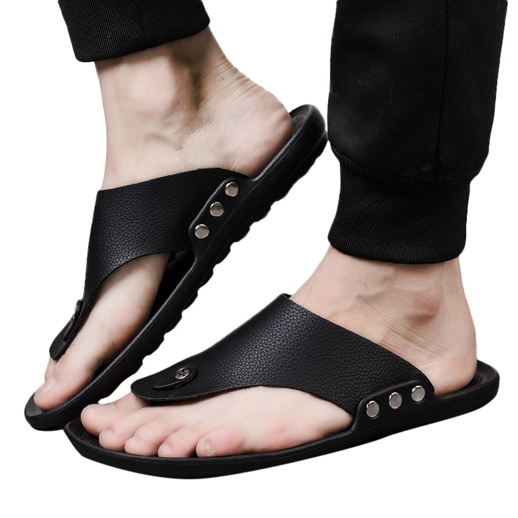 Summer Men's Flip Flops Beach Sandals Non-slip Mens Slippers Outdoor Casual Men Flat Shoes zapatos de hombre: Black / 42
