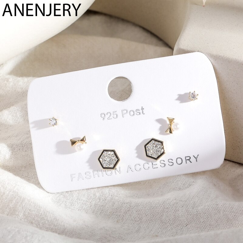 ANENJERY zierlich kubisch Zirkon Geometrische Hexagon Bowknot Zucht Ohrringe Für Frauen 6-Stück Ohrringe einstellen Geburtstag S-E1237
