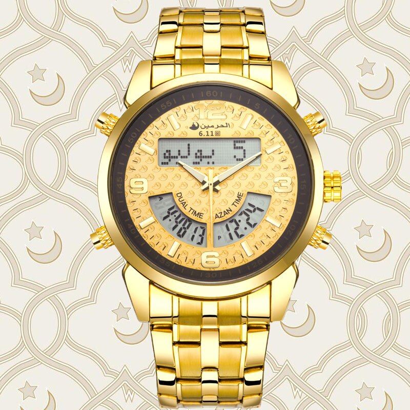 6,11 Herren Neue Hochwertige Edelstahl Zurück Licht LED Digital Uhr Dual Zeit Azan Uhr Männer 3 Farben Freies: Gold
